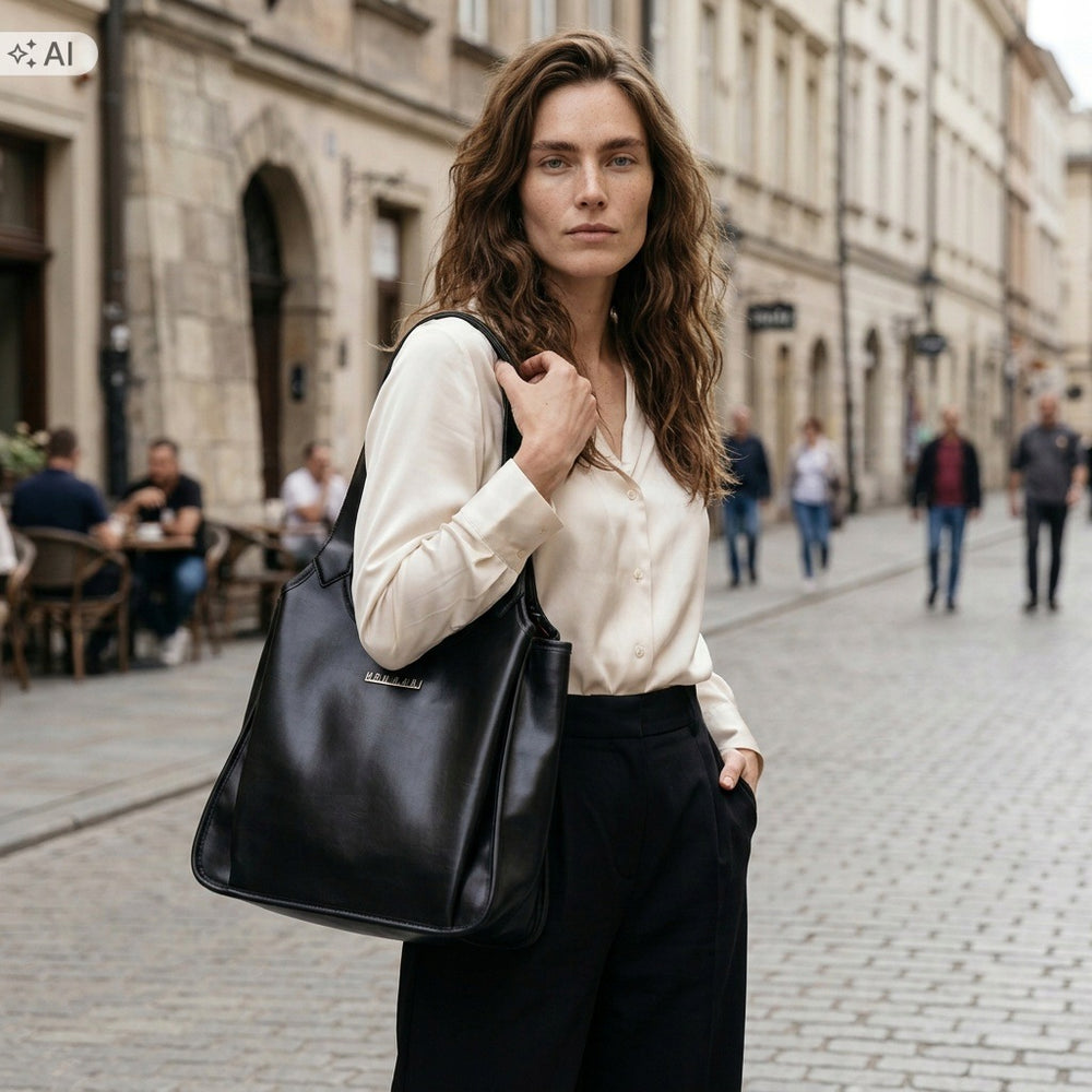 Torebka shopper damska Monnari 3-komorowa, złote okucia – czarna