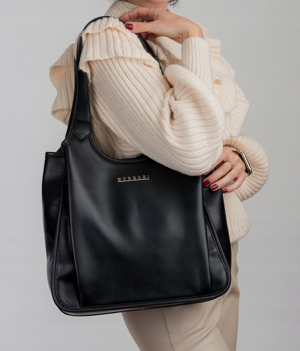 Torebka shopper damska Monnari 3-komorowa, złote okucia – czarna