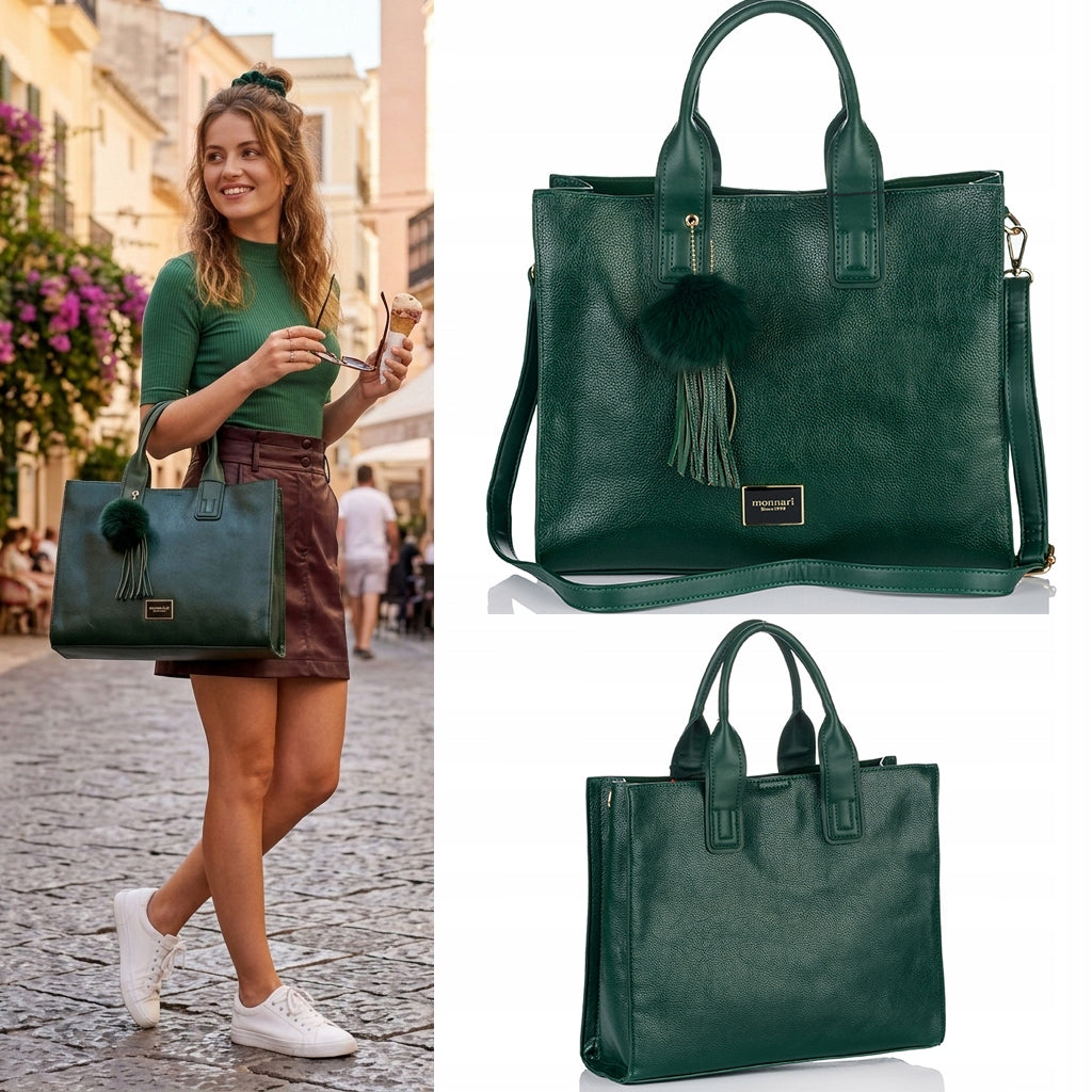 Torba shopper Monnari z pomponem, miejska – zielona