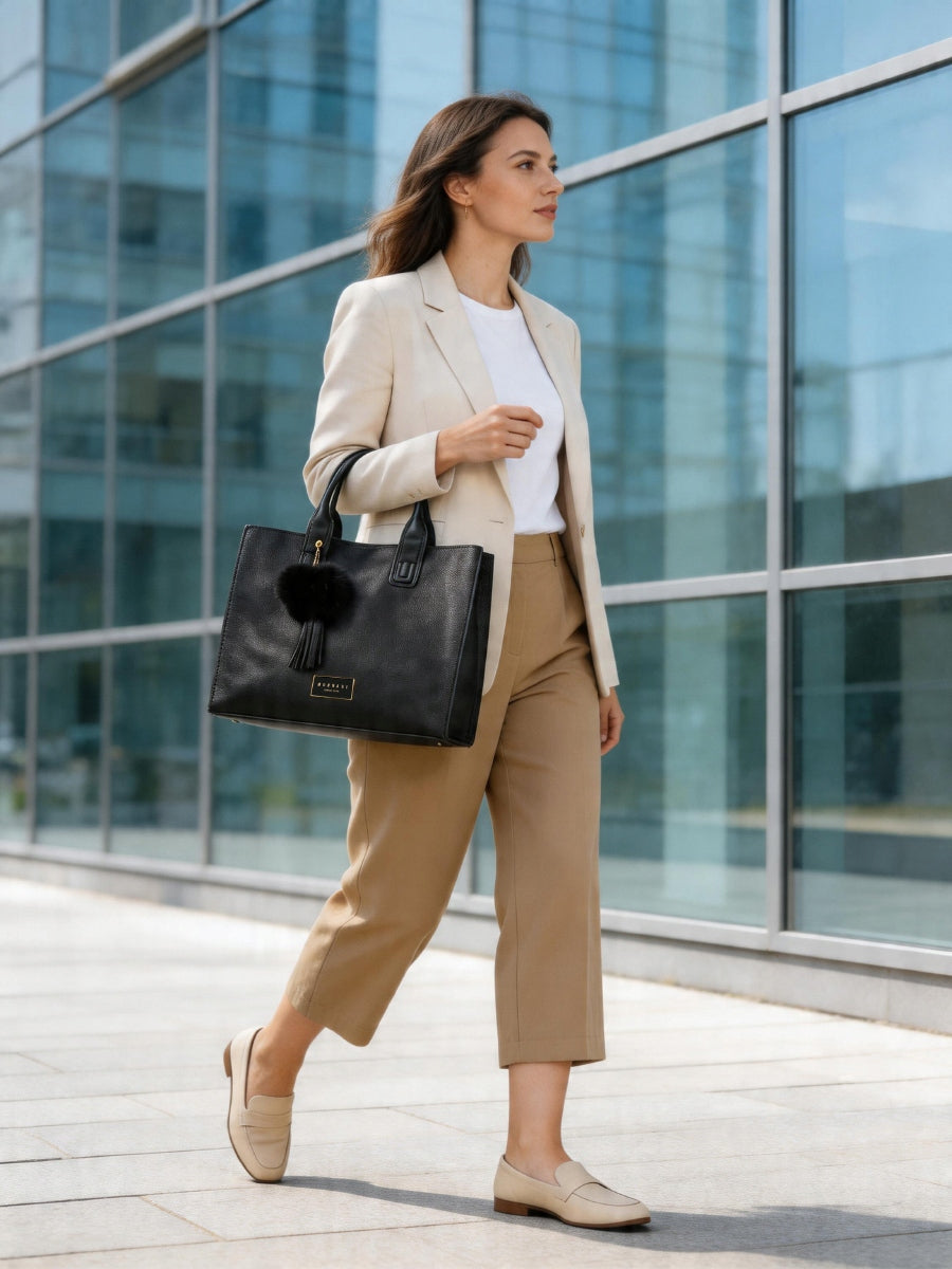 Torebka shopper Monnari z pomponem i frędzlami – czarna – zdjęcie 4