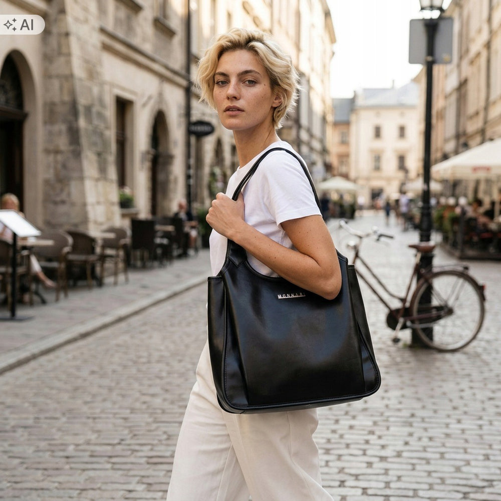Torebka shopper damska Monnari 3-komorowa, złote okucia – czarna