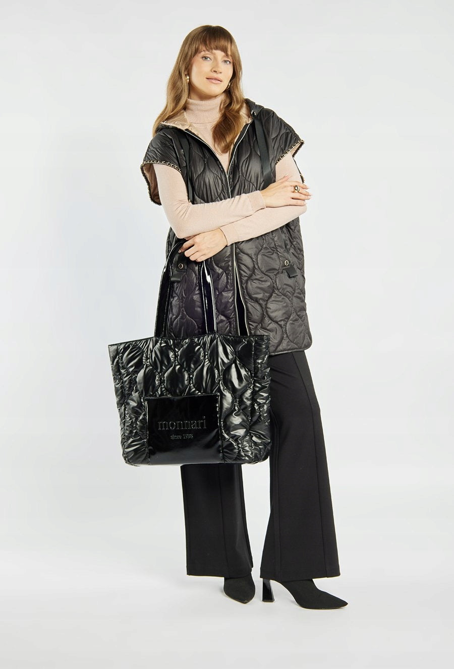 Torba shopper damska Monnari pikowana z logo – czarna