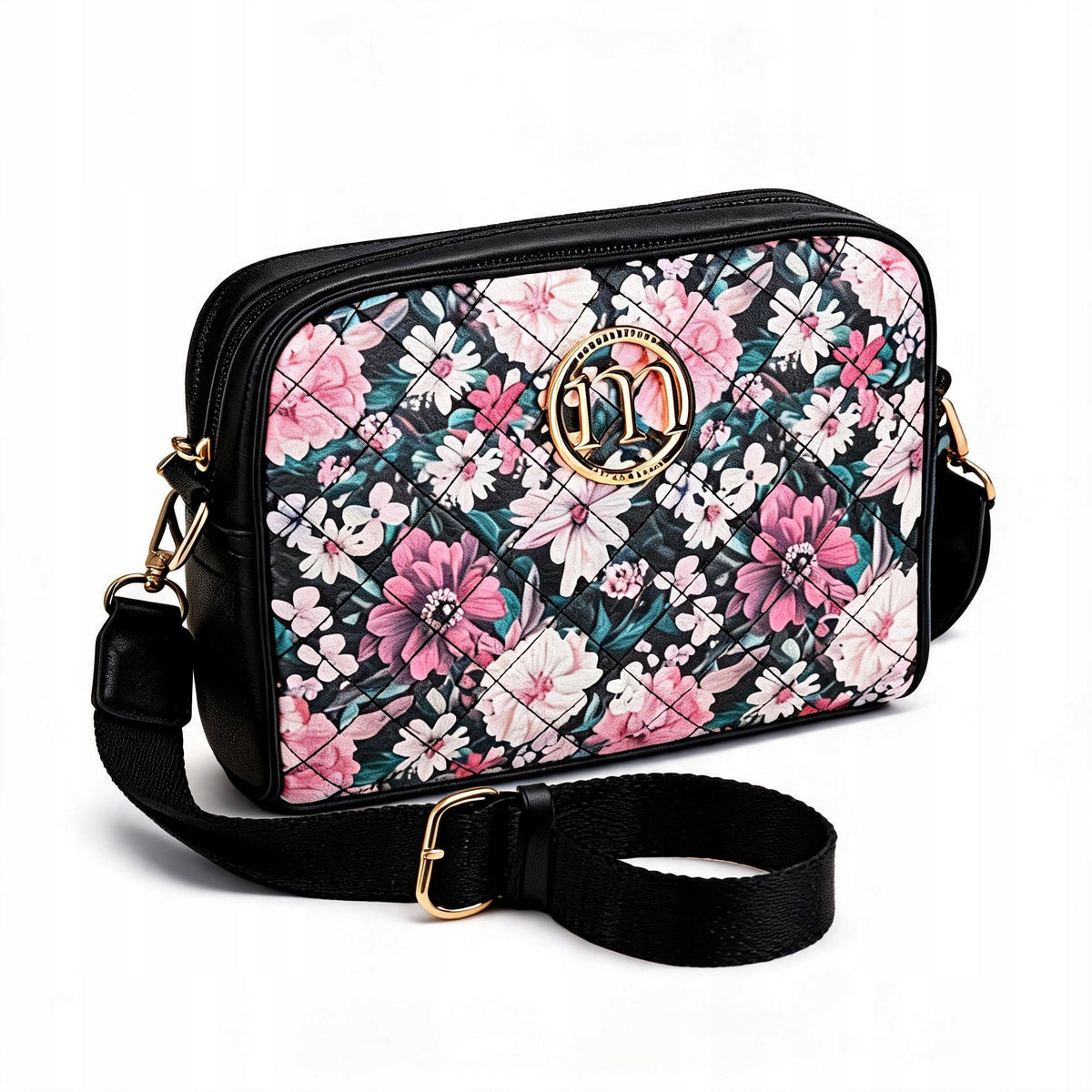Listonoszka crossbody Monnari w kwiaty – czarno-różowa