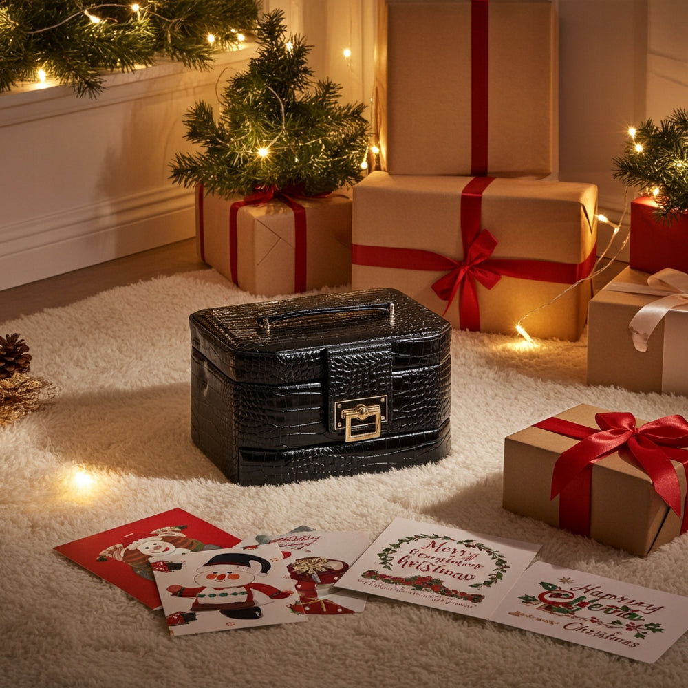 Szkatułka kuferek na biżuterię Monnari z lusterkiem, wielopoziomowa – czarna – zdjęcie 3
